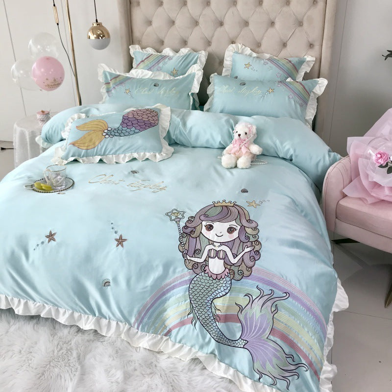 Mermaid Embroidered Cotton 4 Piece Bedding Set