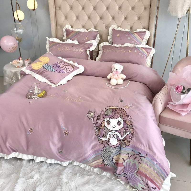 Mermaid Embroidered Cotton 4 Piece Bedding Set