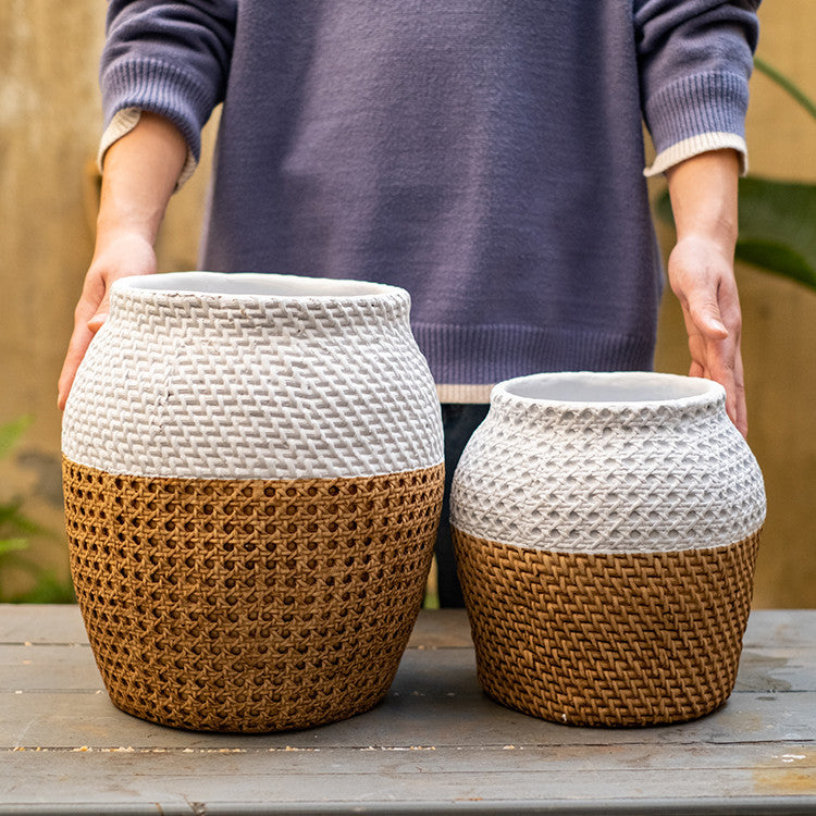 Clay Plant Pot With Rattan Design