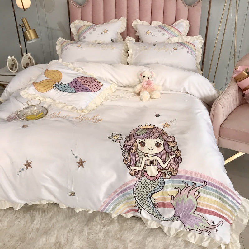 Mermaid Embroidered Cotton 4 Piece Bedding Set