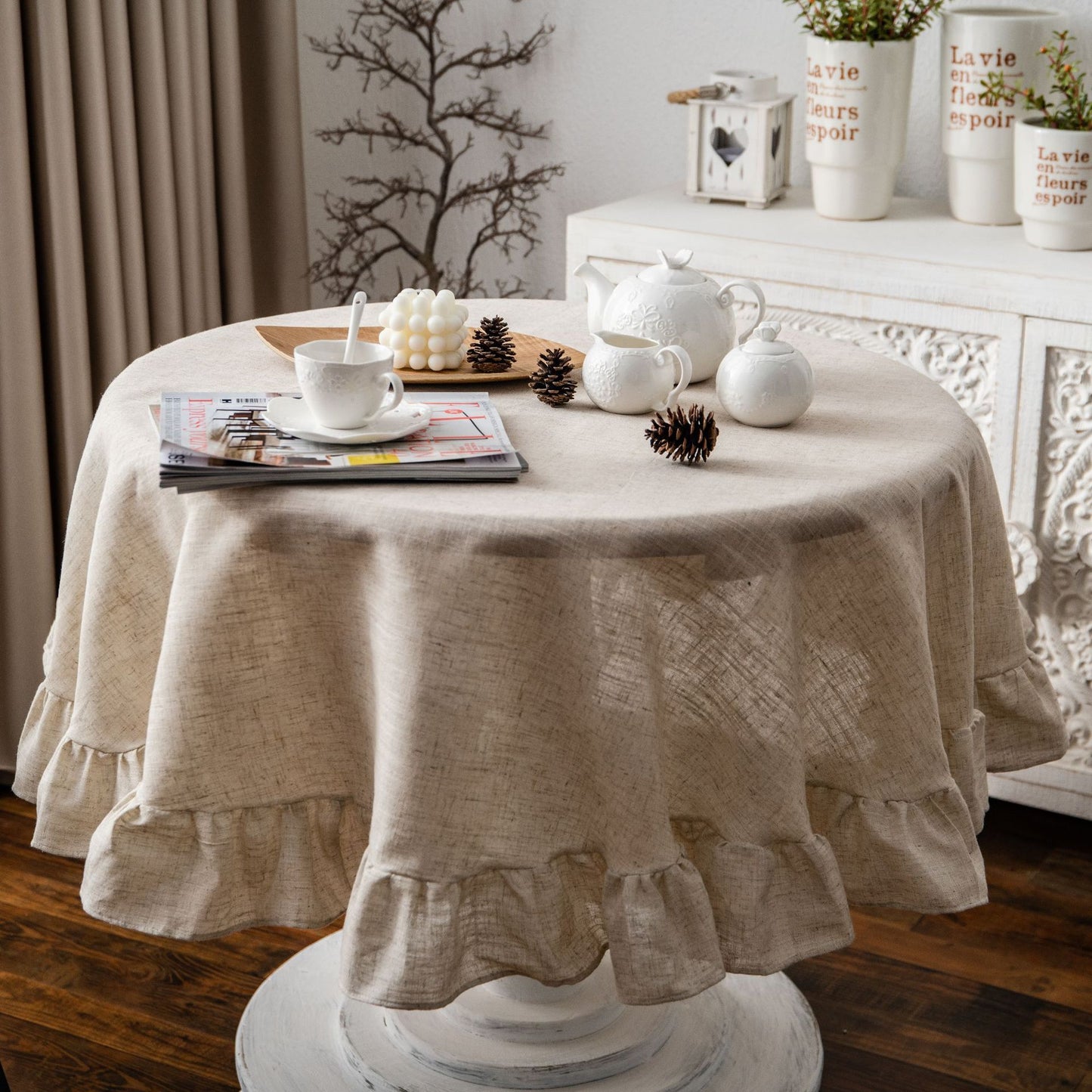 Linen Blend Tablecloth With Ruffle Edge