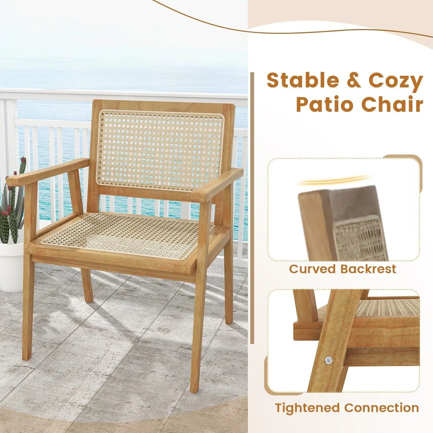 Wooden Patio Chair With Rattan Accents