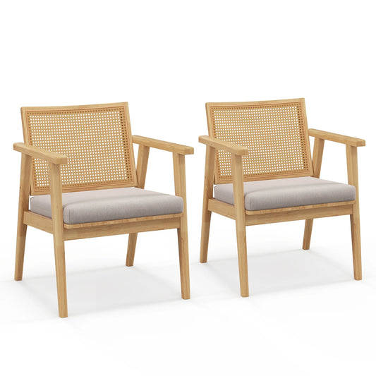 Wooden Accent Chair Upholstered Seat Cushion & Rattan Backrest