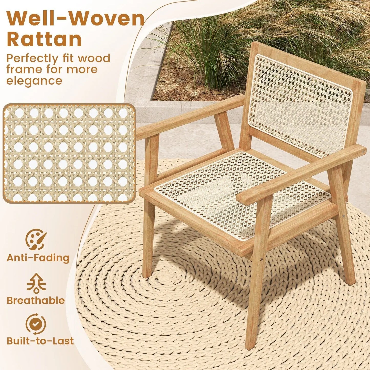 Wooden Patio Chair With Rattan Accents