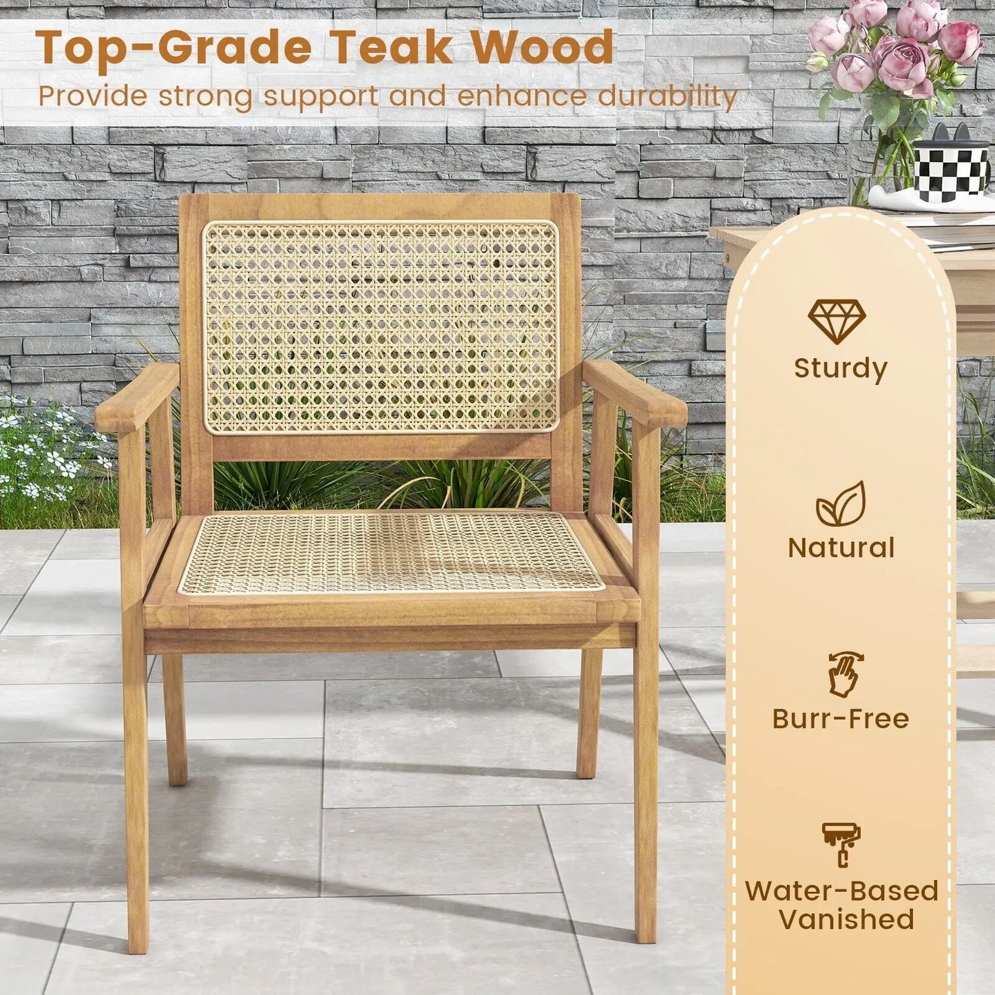 Wooden Patio Chair With Rattan Accents