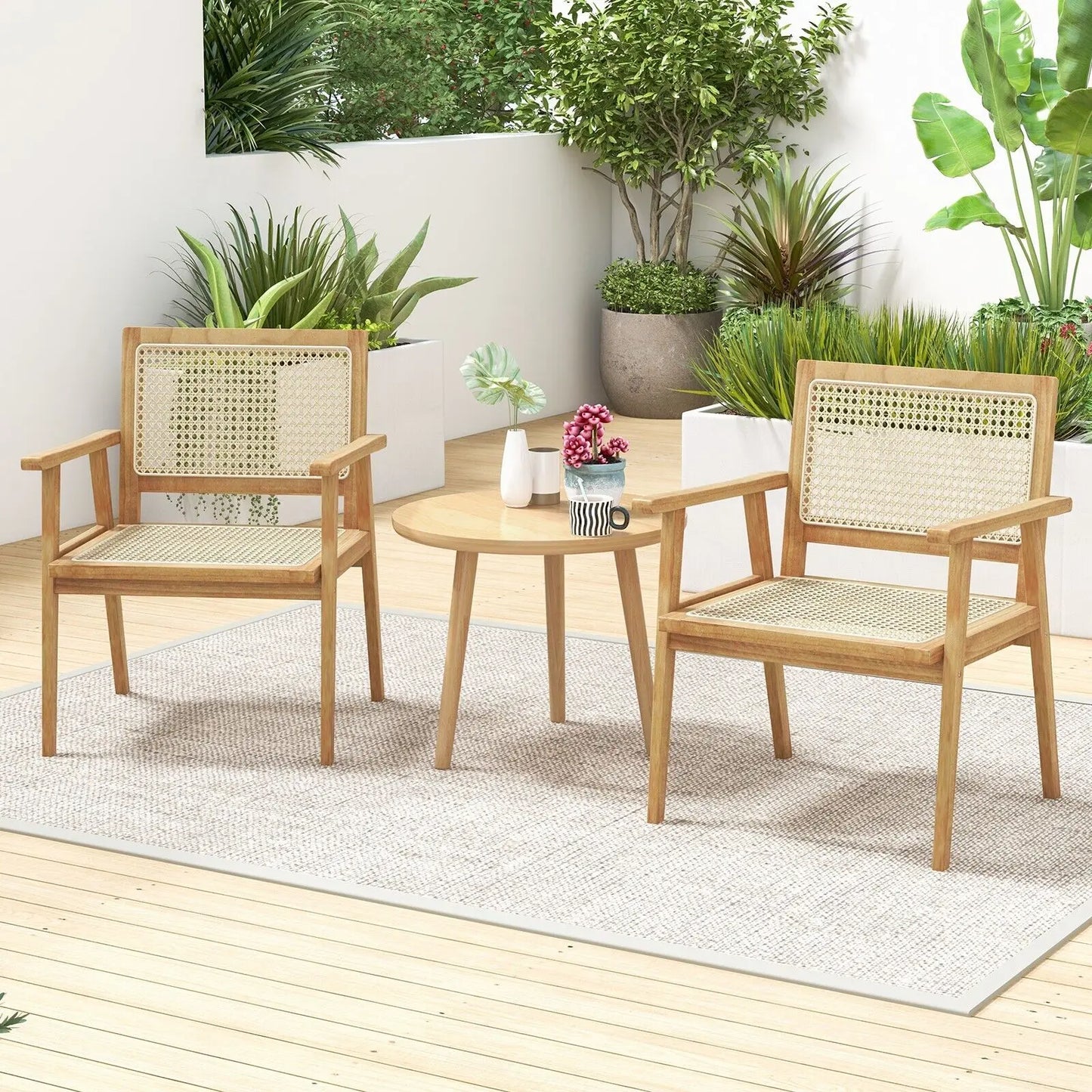 Wooden Patio Chair With Rattan Accents