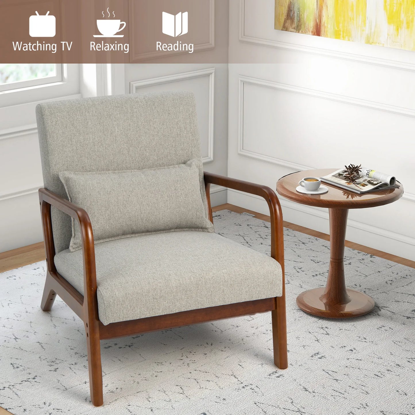 Modern Accent Chair With Wood Frame & Lumbar Pillow