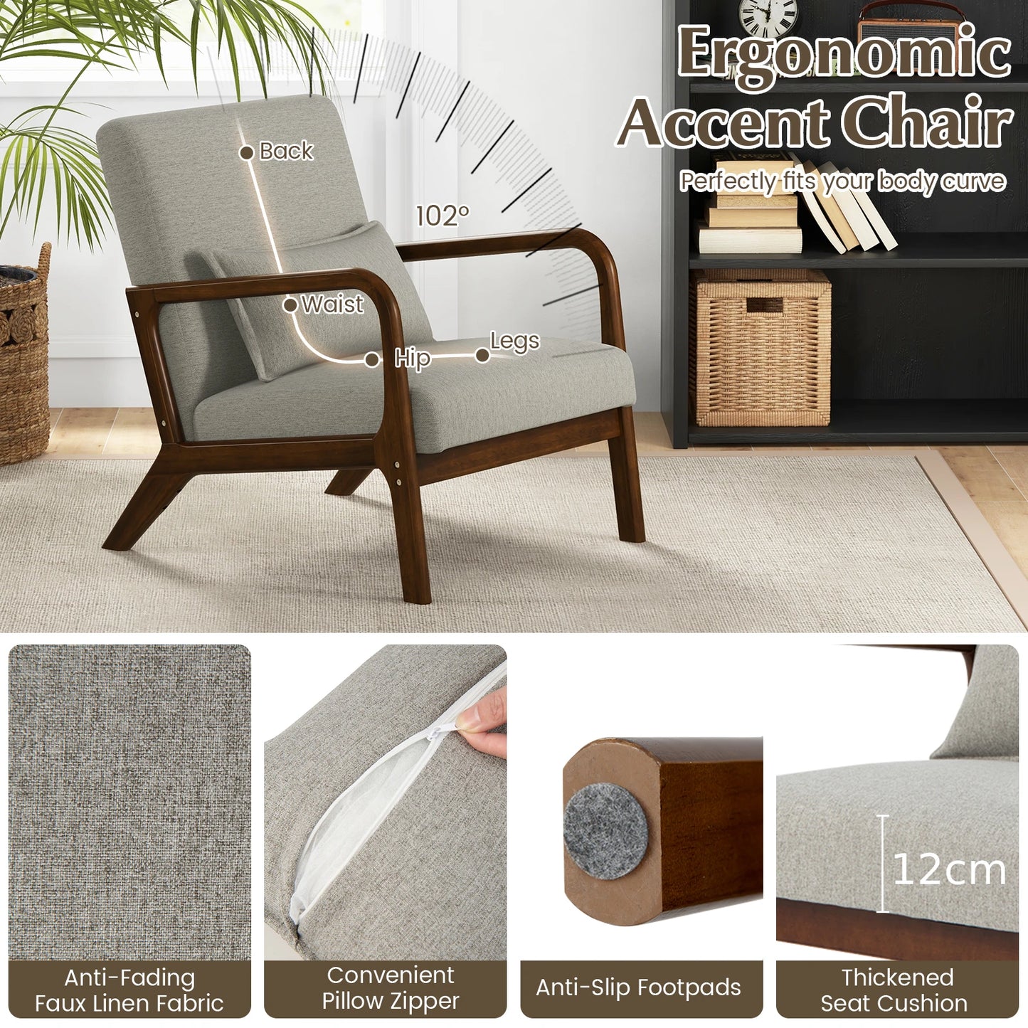 Modern Accent Chair With Wood Frame & Lumbar Pillow