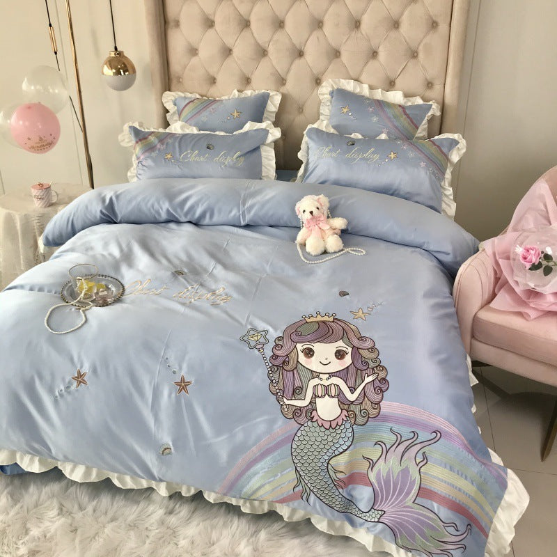 Mermaid Embroidered Cotton 4 Piece Bedding Set