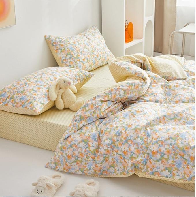 Cotton Floral Print Pastel Yellow Bedding Set